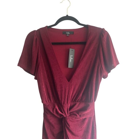 Lulus Dash of Charm Burgundy Short Sleeve Twisted Front Midi Dress Size Medium - Picture 4 of 10